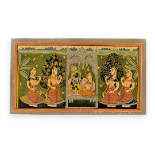 PAHARI SCHOOL MINIATURE DEPICTING SRI NATH JI WITH HIS MAIDENS 24.2 X 13.6 CM