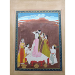 Pahari Miniature painting depicting Nayika at her Toilette with servants