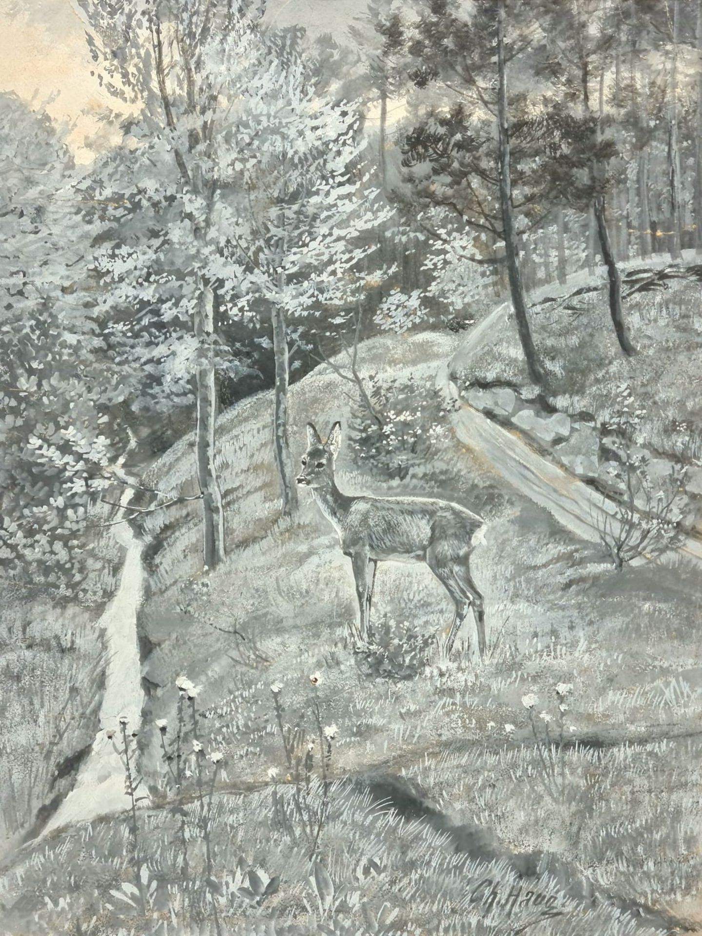 Christian Haug (Soleur 1862-1953 tätig in München), Reh im Wald, Mischtechnik auf Papier, signiert