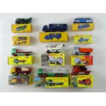 A group of diecast vans and lorries by ATLAS DINKY, two still sealed in original shrink wrapping -