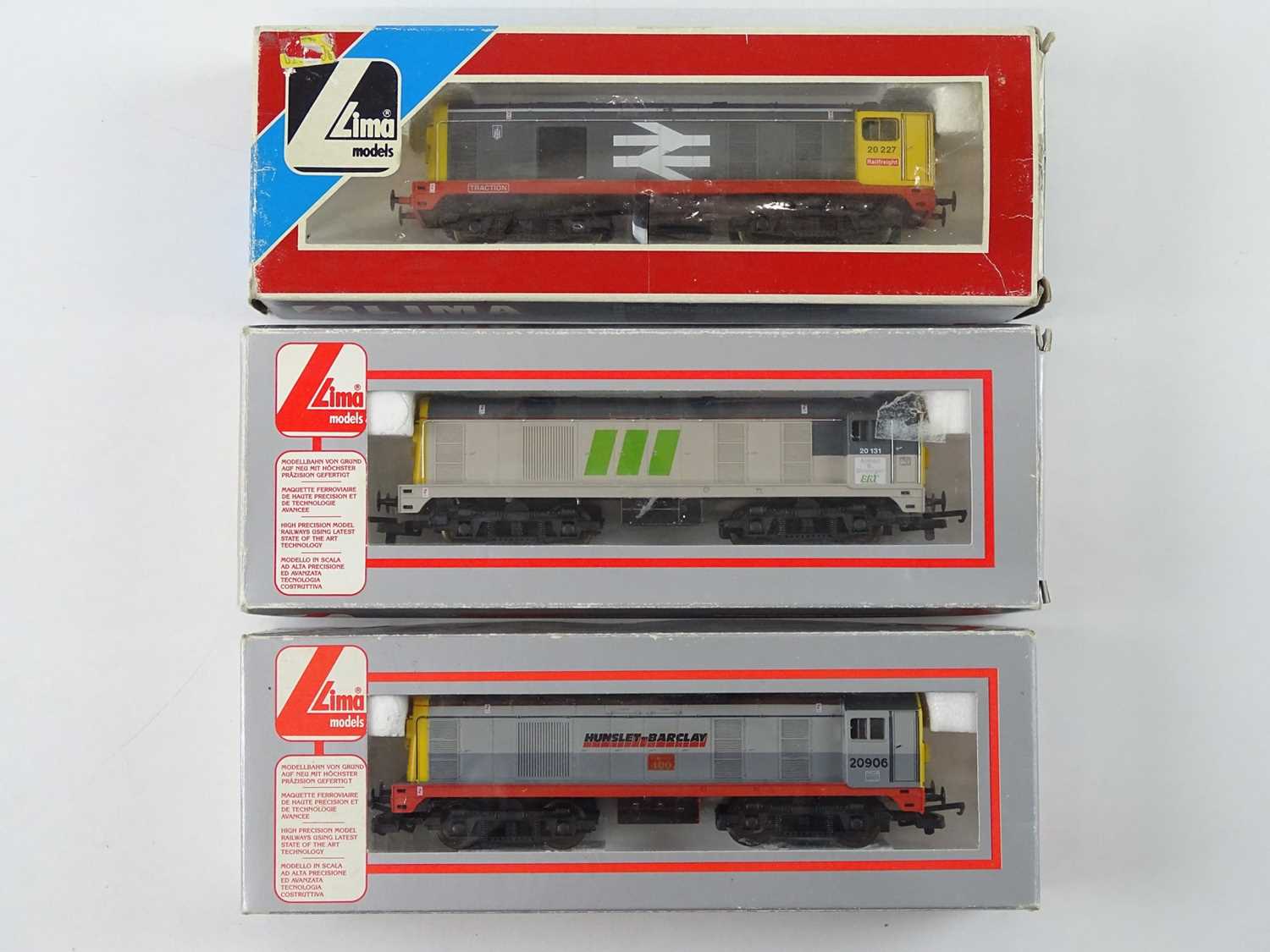 A group of LIMA OO Gauge class 20 diesel locomotives, in various liveries, one with couplings