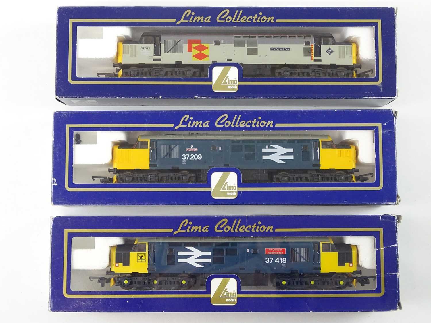 A group of LIMA OO Gauge class 37 diesel locomotives, in various liveries, including two limited