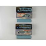 A pair of DINKY Toys 982 Pullmore Car Transporters, one in light blue with fawn decks, the other