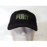 A group of four crew clothing items comprising FURY (2014) black cap and khaki short sleeved XL t-