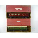 A pair of HORNBY SERIES O gauge No.2 corridor/compartment coaches in LMS and SR liveries - F/G in