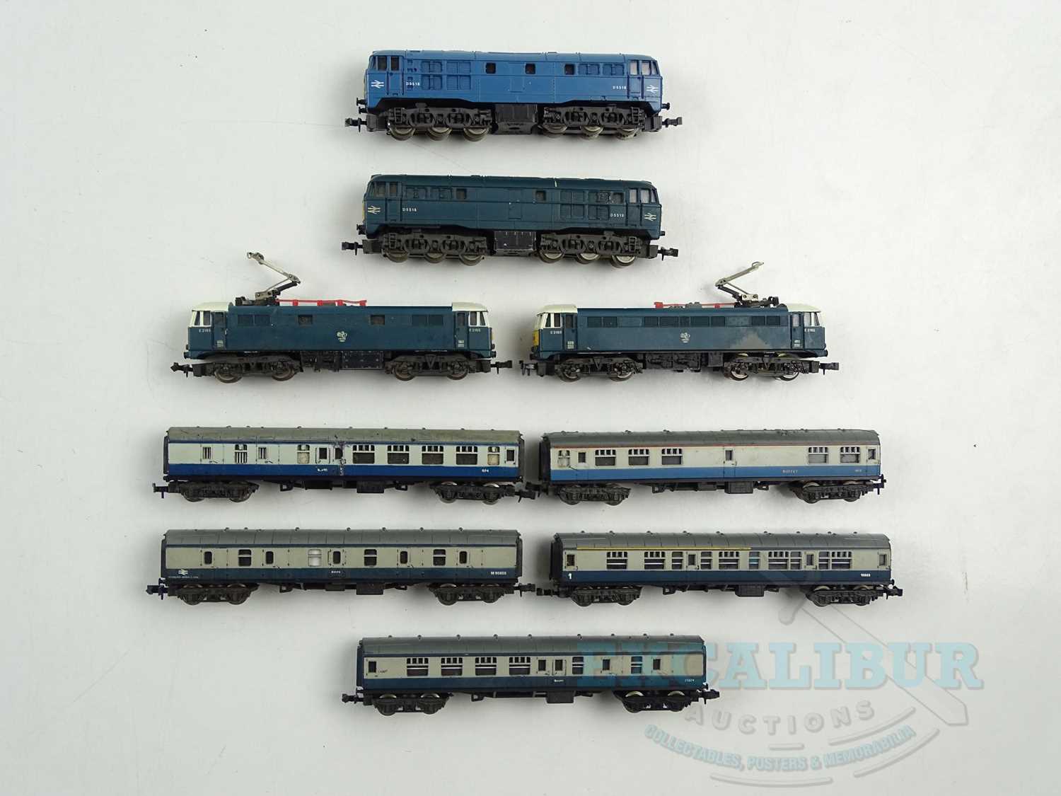 A group of unboxed N gauge British outline locomotives and coaches by LIMA all in BR blue/grey - G