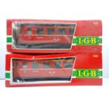 A pair of LGB G scale Rhatische Bahn bogie passenger coaches comprising 2x 3063 - VG in F boxes (2)