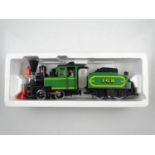 An LGB G scale 2017 American style 0-4-0 steam locomotive with tender in green livery - VG in G box