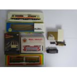 A group of HO gauge American outline trolley cars by BACHMANN, AHM/MEHANO and others including a