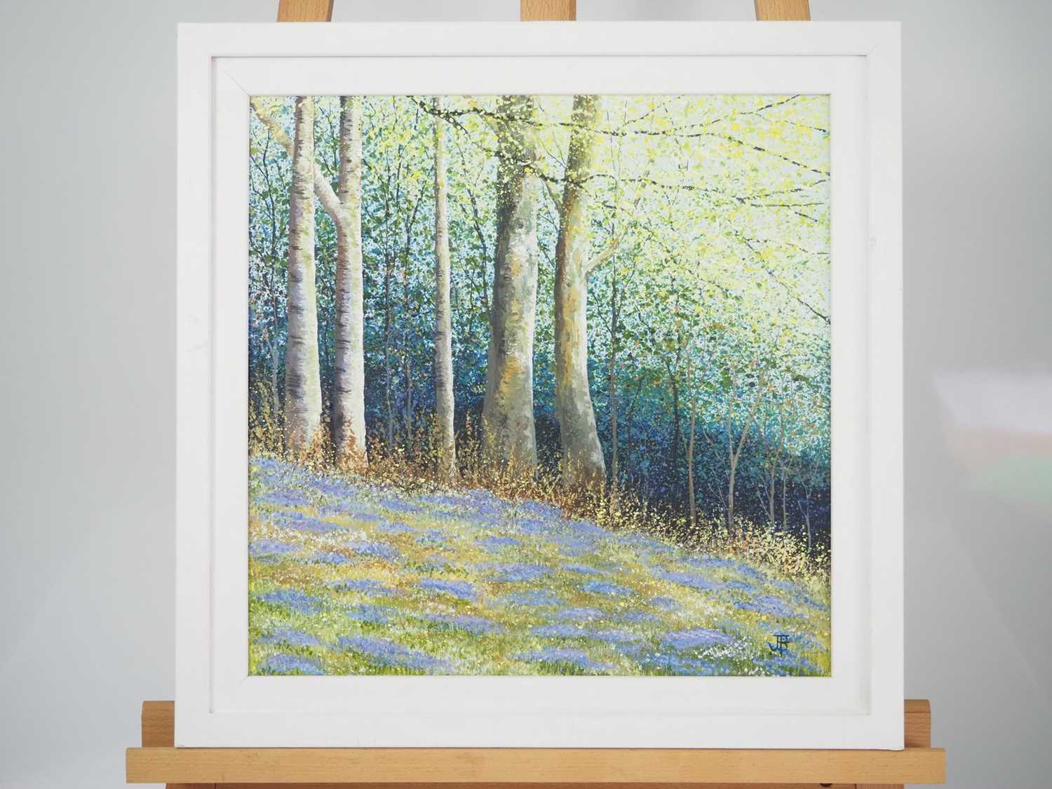 Brenda Farrell 'BIRCHES AND BLUEBELLS' - print on canvas - signed - 15.25" x 15.25" in a 19 " x - Image 2 of 2