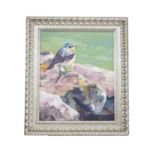 Elaine C Geall 'WHEATEAR ON STONEWALL' - acrylic - signed - 9.5" x 11.5" in a 13" x 14" frame(no