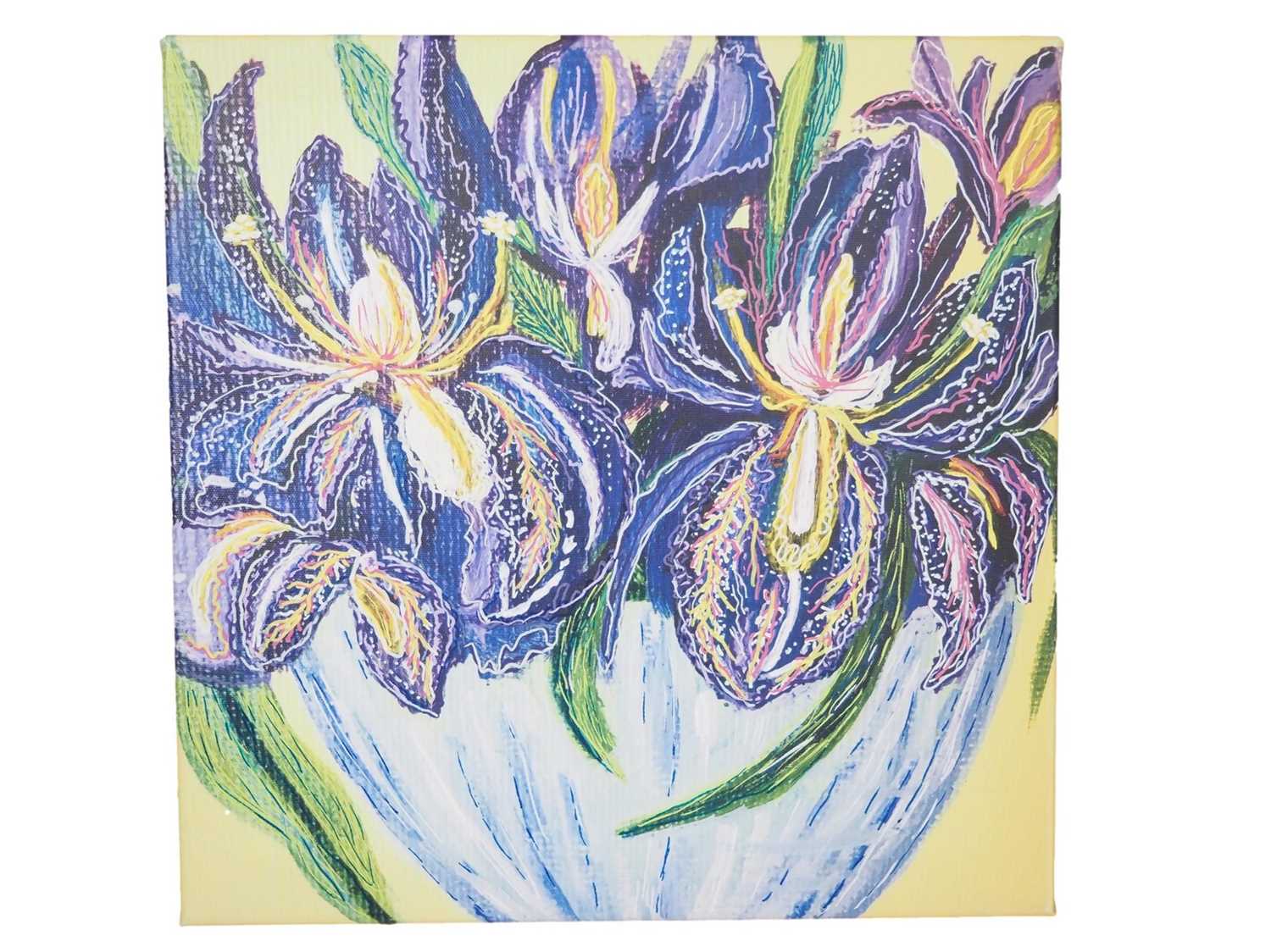 Lisa Cooper 'VASE OF IRISES' - print on canvas - 15.75" x 15.75" - PROVENANCE: Donated to and sold