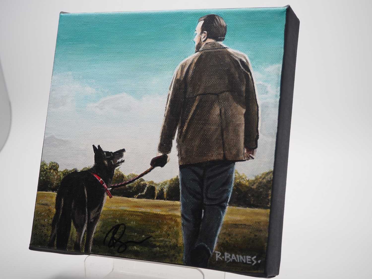 Ricky Gervais signed canvas with artwork added by Ross Baines - An iconic image of the end scene - Image 2 of 3