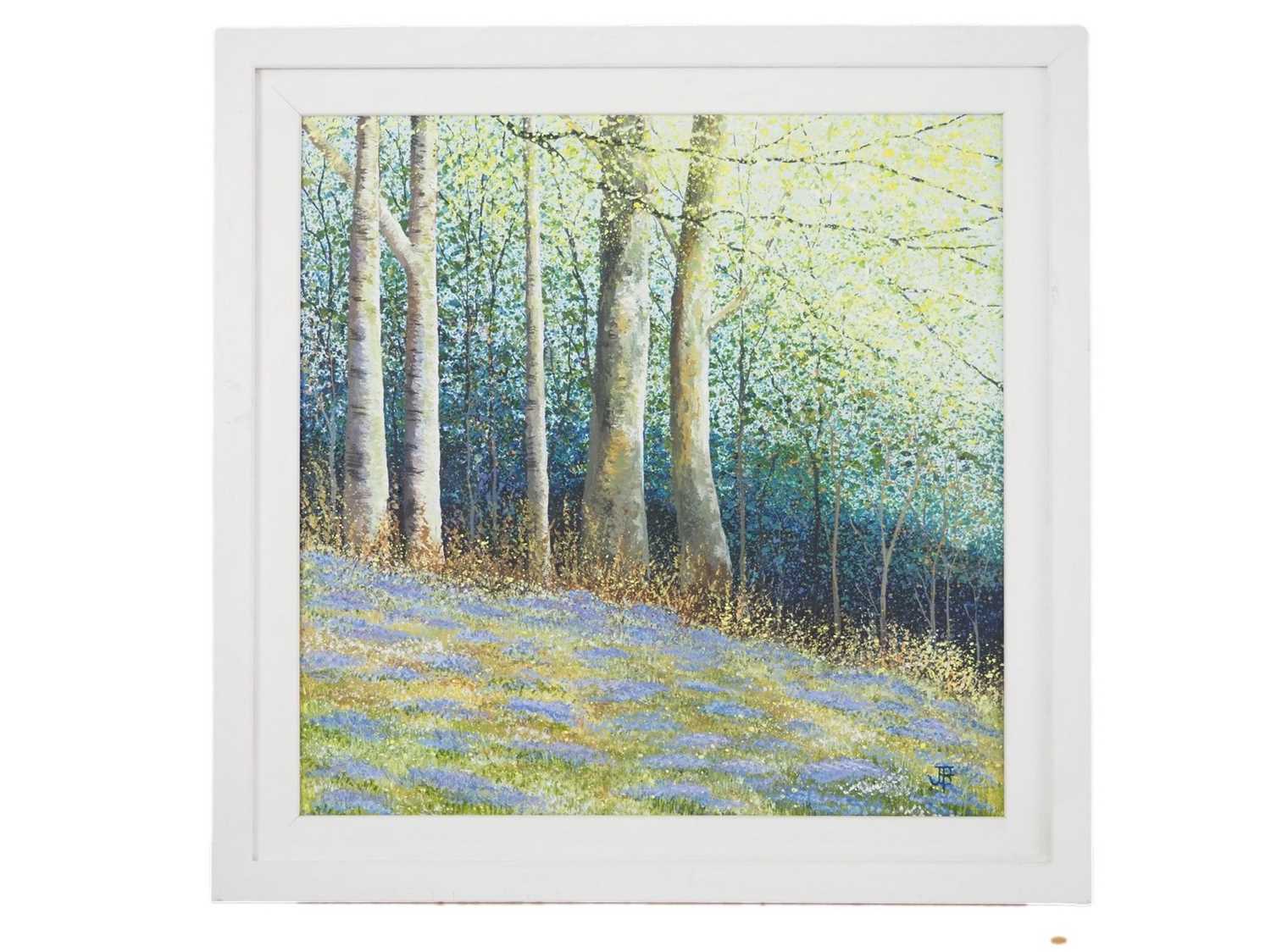 Brenda Farrell 'BIRCHES AND BLUEBELLS' - print on canvas - signed - 15.25" x 15.25" in a 19 " x