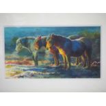 Elaine C Geall 'WINTER LIGHT NEW FOREST PONIES' - water colour on paper - signed - 9.5" x 5.25" in a