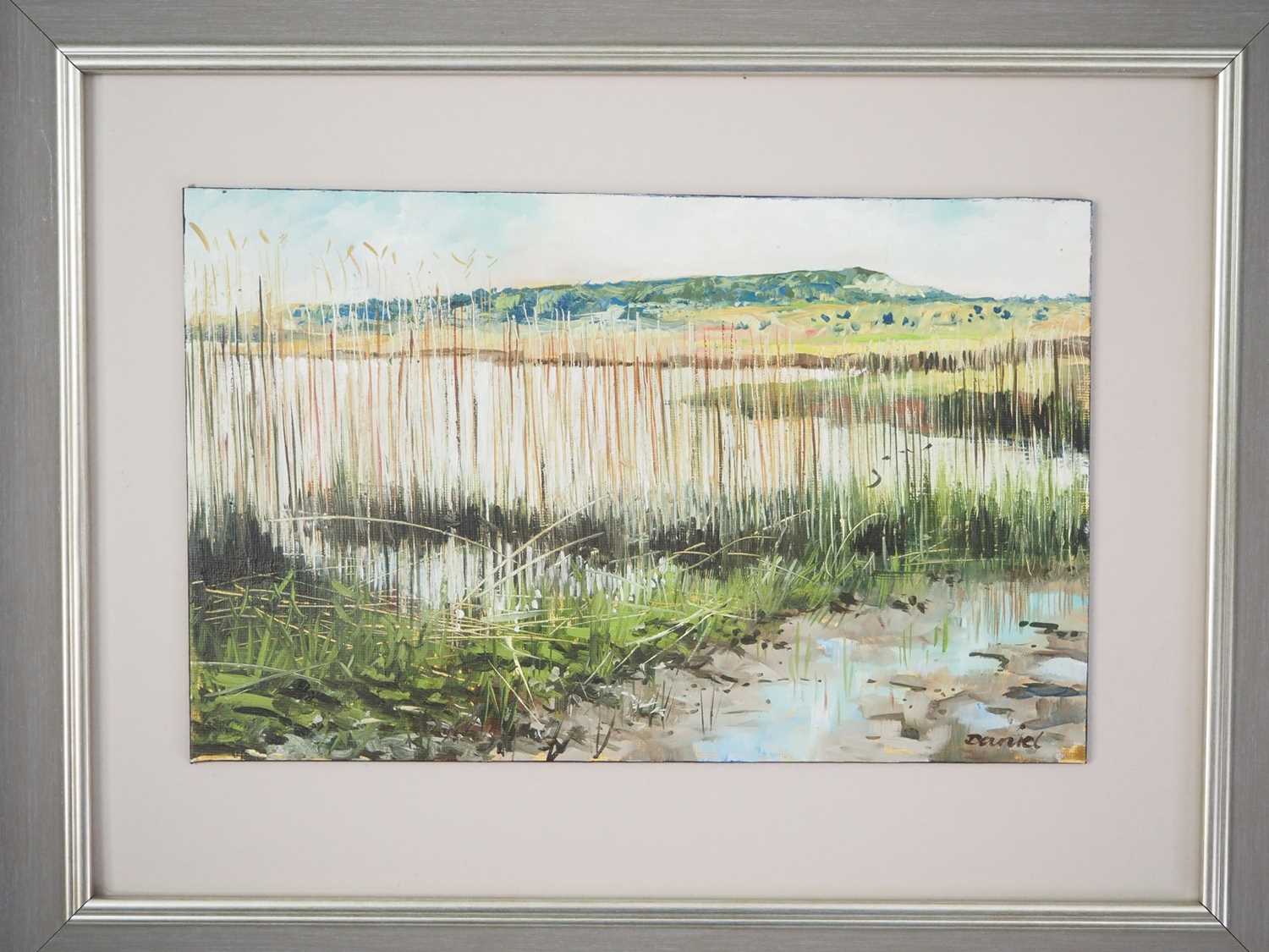 Danny Byrne 'HENGISTBURY HEAD' - oil on board - signed - Framed local scene of popular tourist spot,