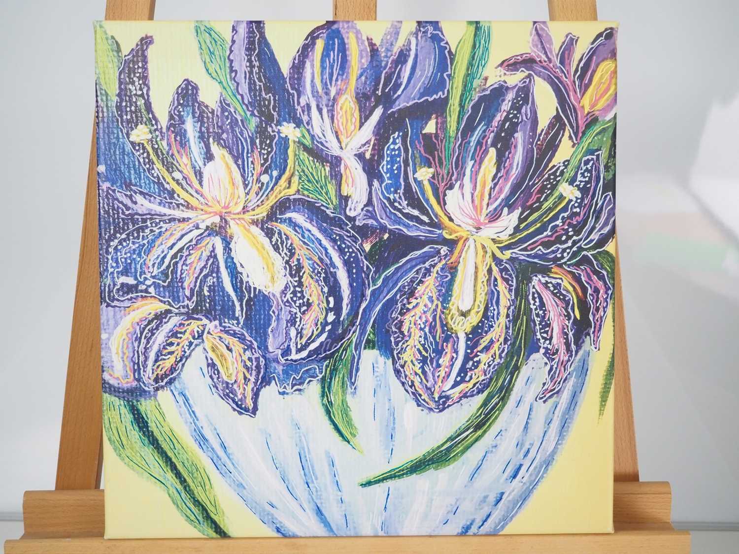 Lisa Cooper 'VASE OF IRISES' - print on canvas - 15.75" x 15.75" - PROVENANCE: Donated to and sold - Image 2 of 2