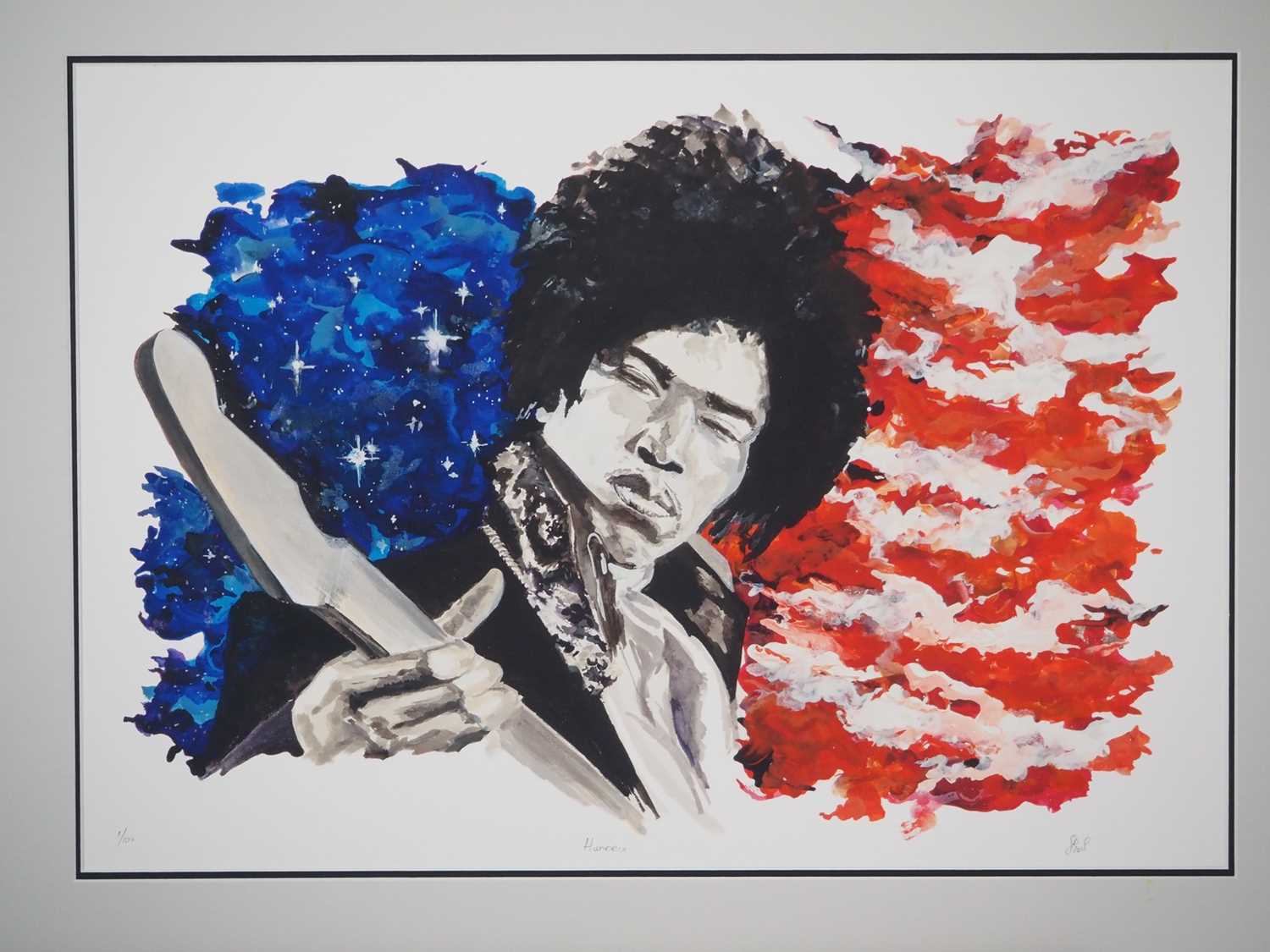 JIMI HENDRIX - hand numbered and signed 1/100 limited edition print - 23" x 16" in a 29" x 22" frame