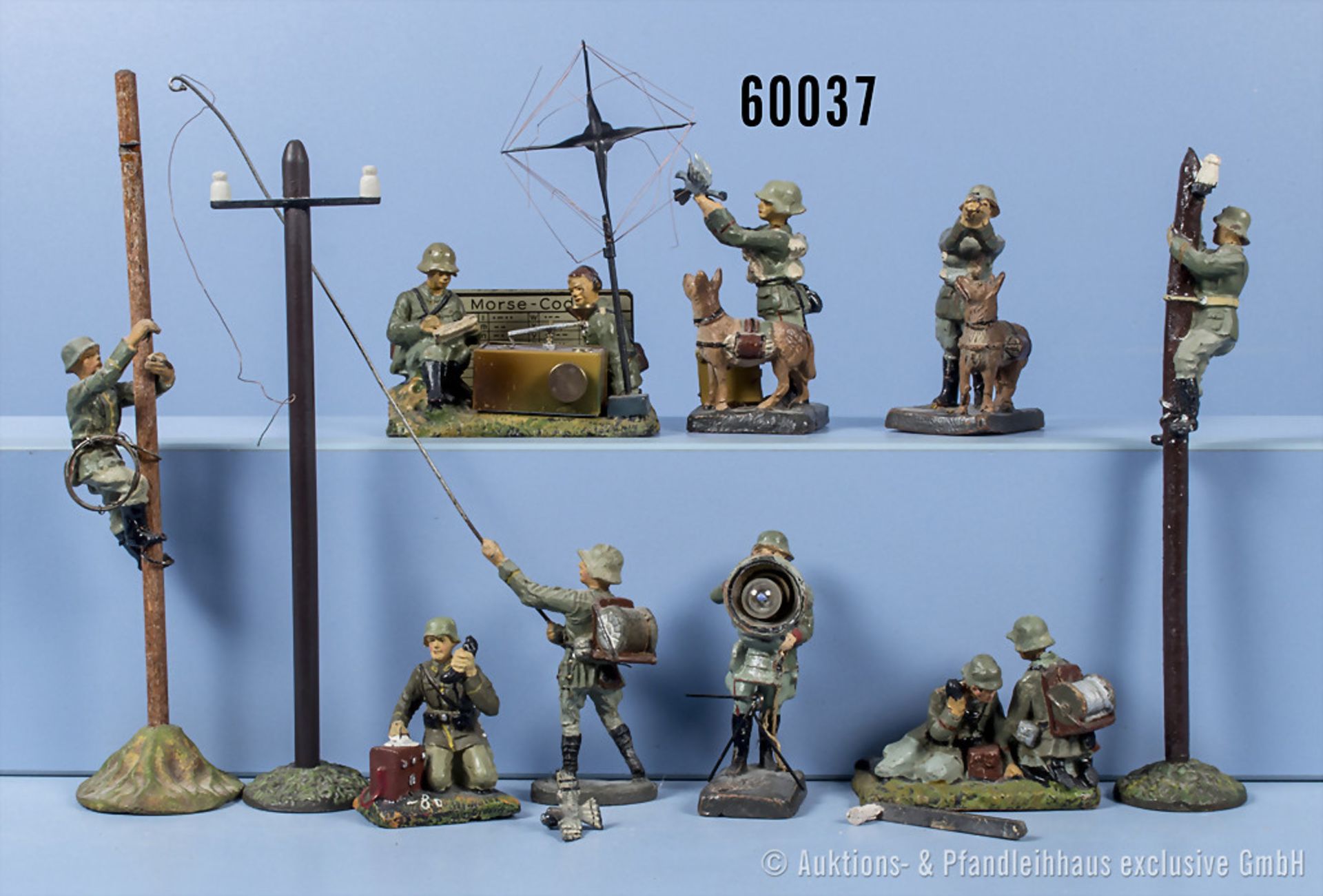 9 Soldaten Nachrichtentruppe, Elastolin/Lineol, Masse/Holz/Blech, 7 cm, Z 1-5, ...