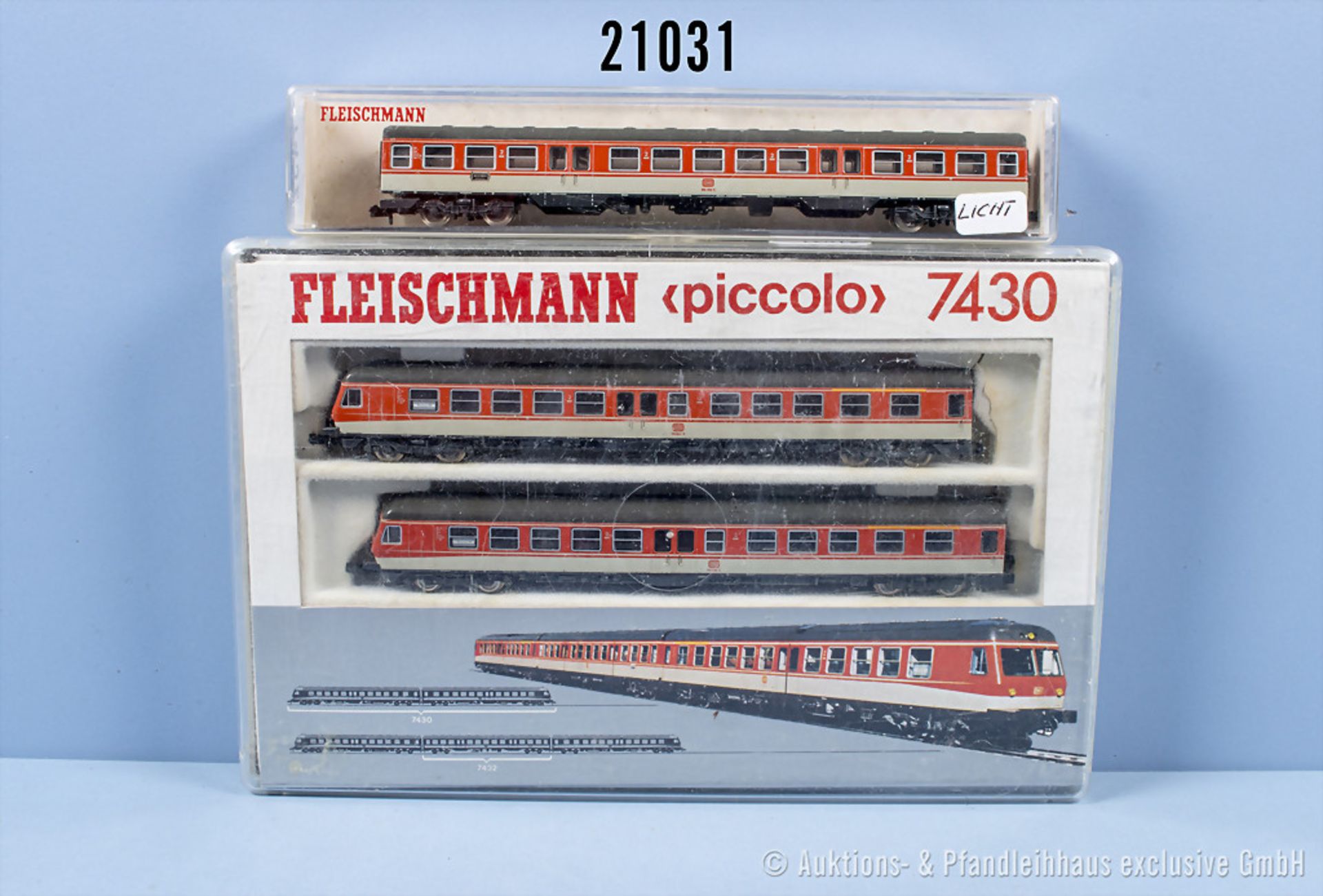 Konv. Fleischmann Spur N, dabei 7430 2-teiliger Dieseltriebzug der DB, BN 614 044-6 und ...