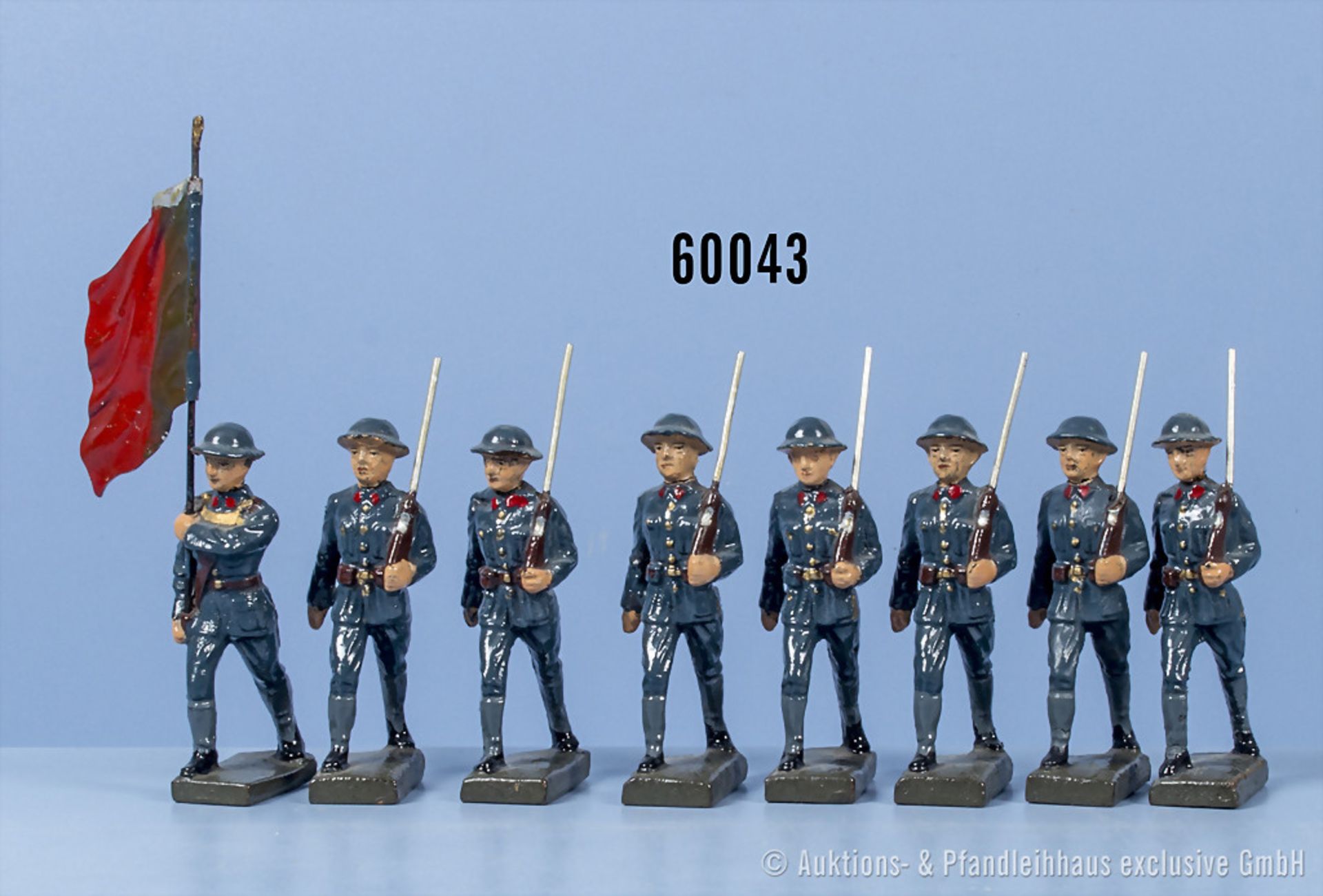 8 Lineol Soldaten im Marsch, wohl Portugal, Fahne Original ?, Masse/Blech., 7 cm, Z 1-2, ...