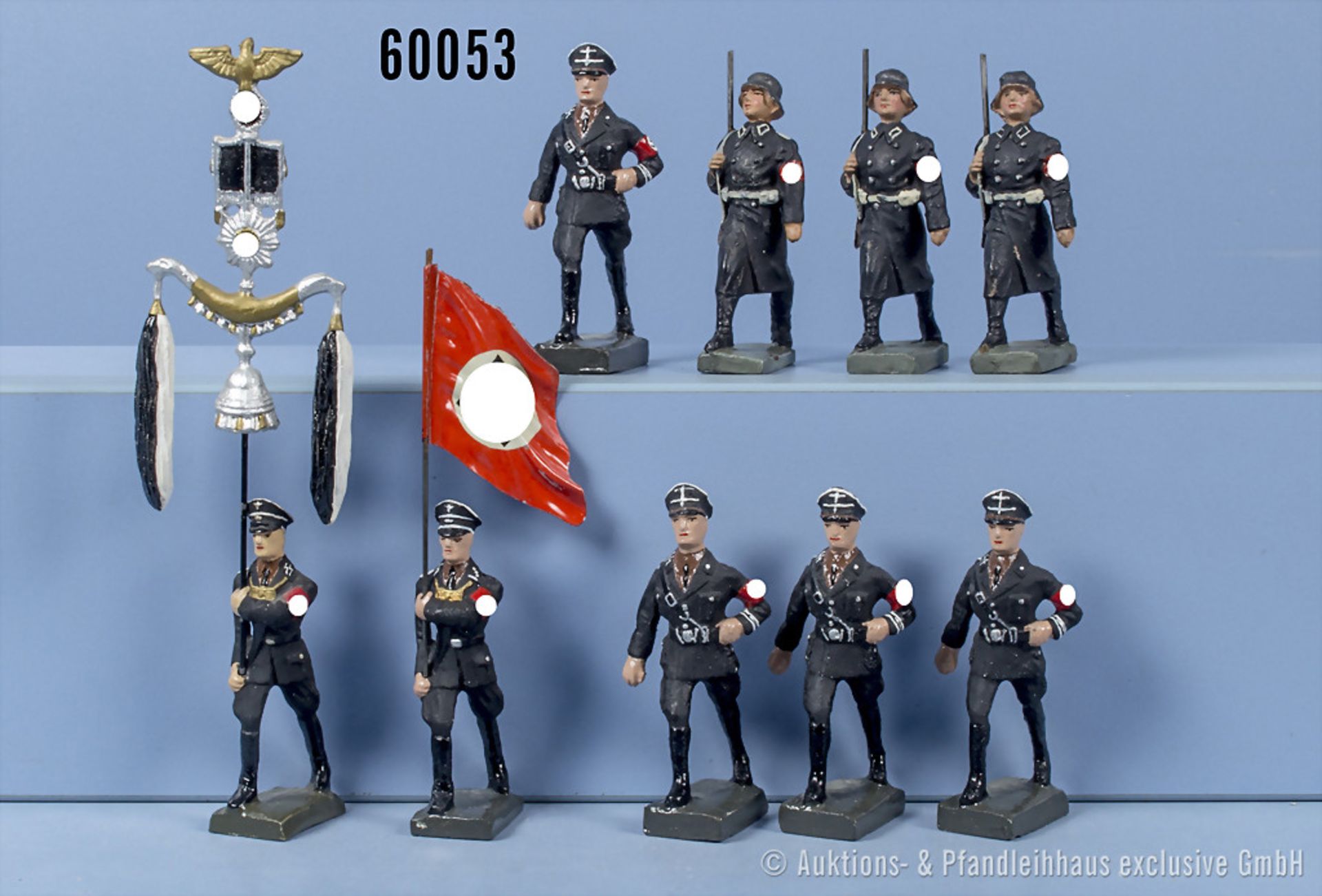 9 SS Männer im Marsch, 1 Schellenbaumträger usw., Fröha, Lineol usw., h.M., 7 cm, Z ...