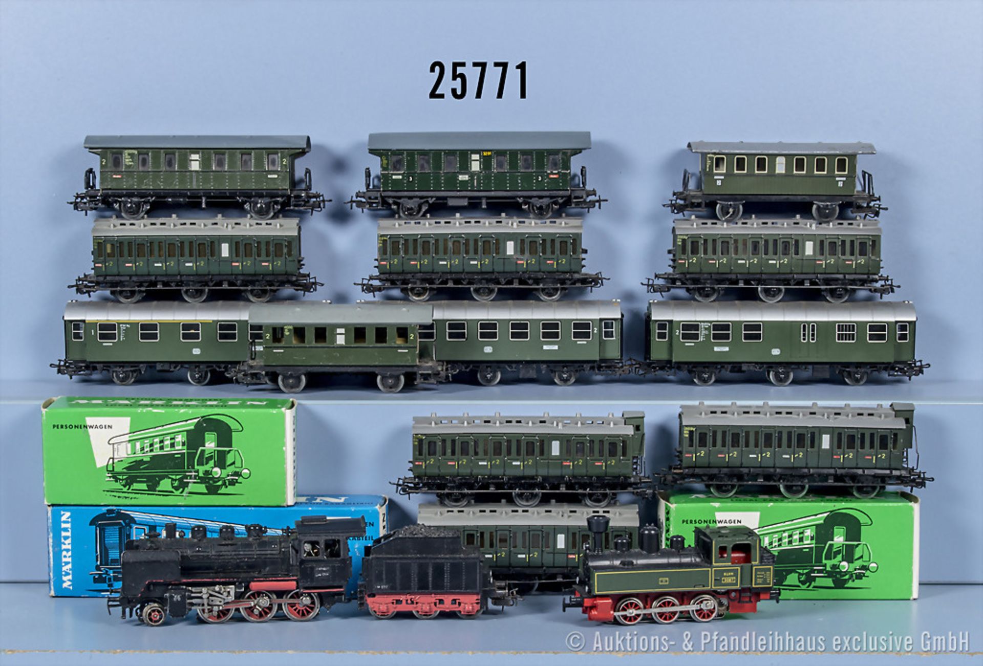 Märklin H0 Personenzug, dabei 3003 Schlepptenderlok der DB, BN 24 058, 3087 Tenderlok ...