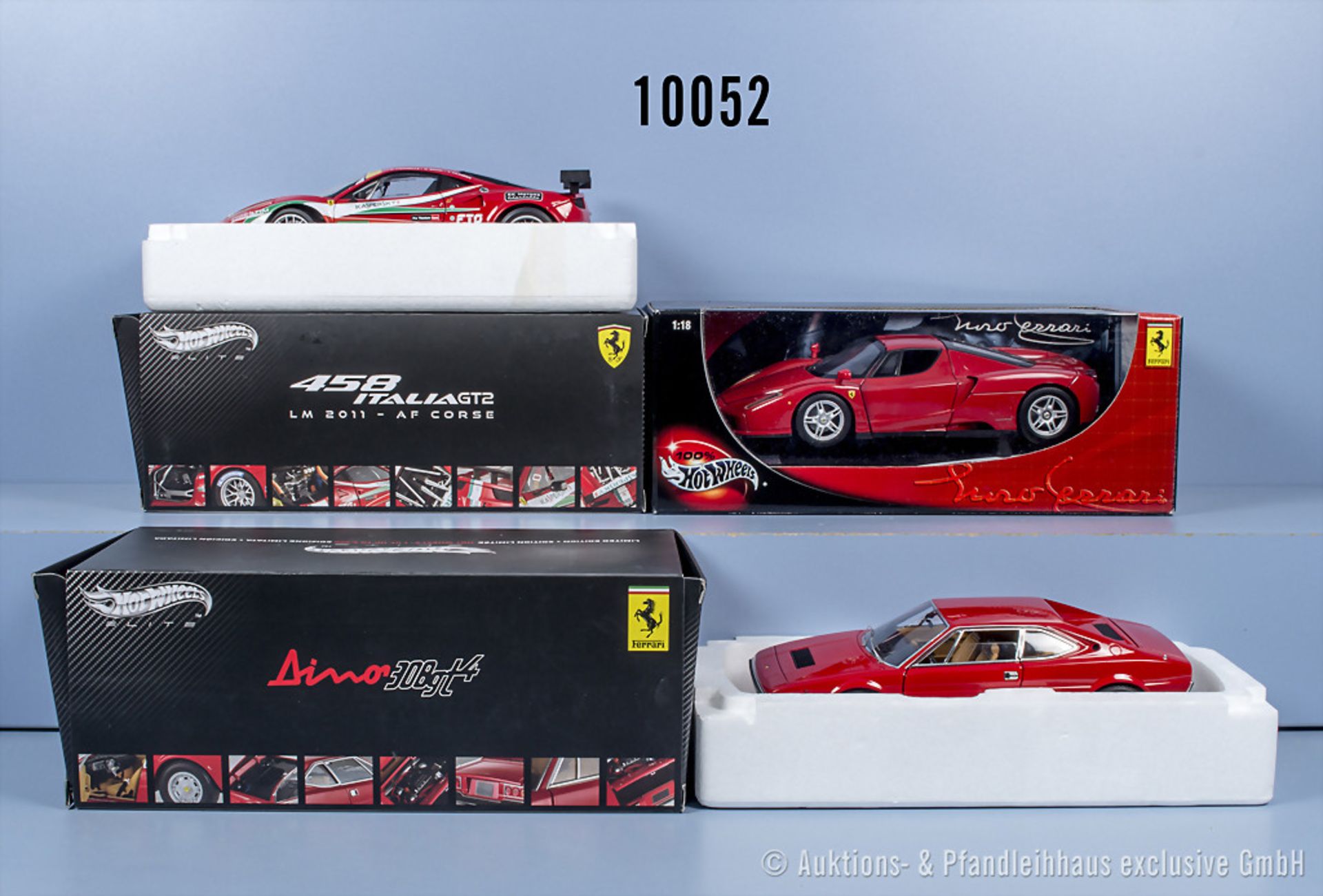 3 HotWheels Ferrari Modellfahrzeuge, 2 x Elite, 308 GT4, Enzo und 458 Italia GT2, ...