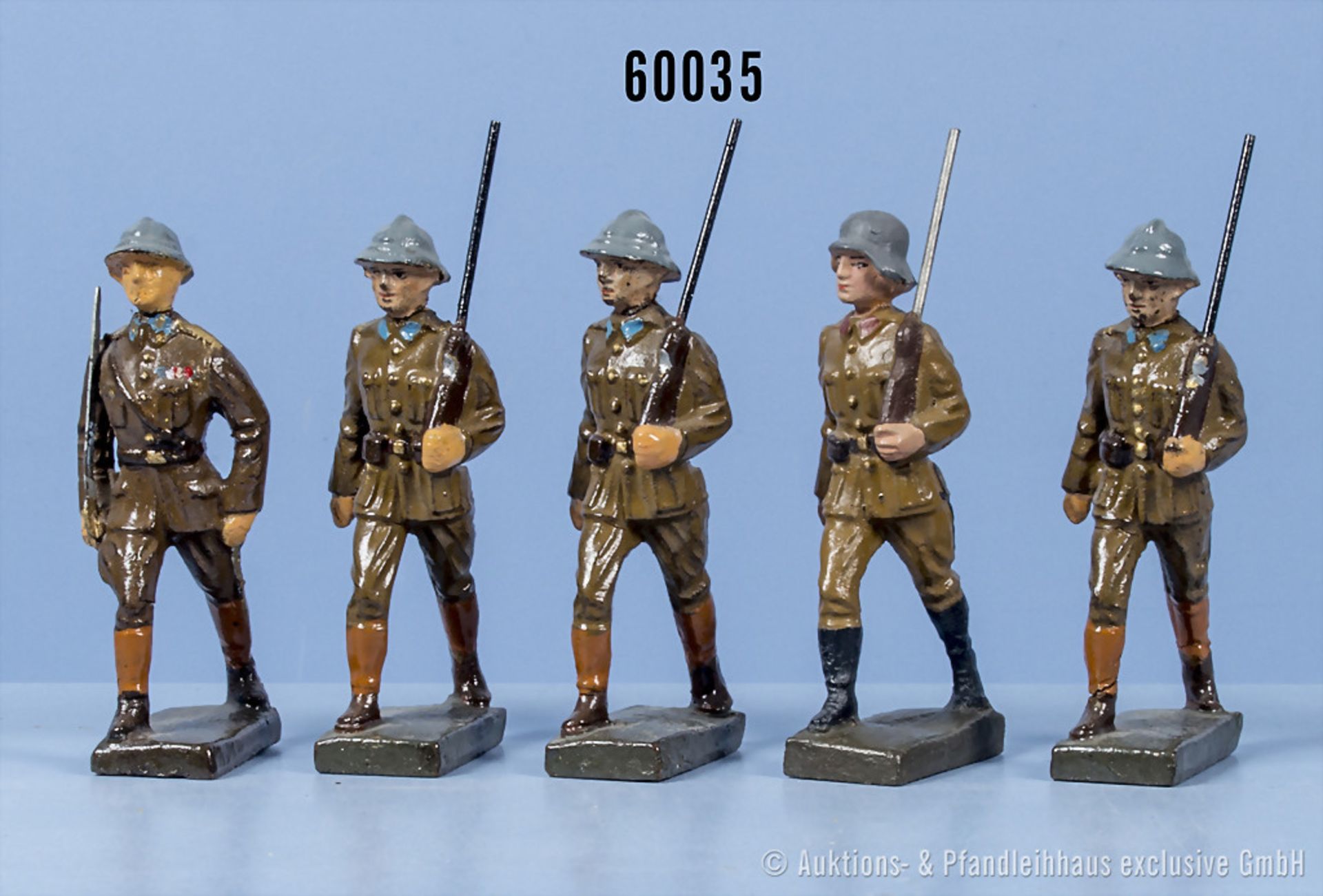 5 Lineol Soldaten im Marsch, überwiegend Polen, h.M., 7 cm, Z 1-3, ...