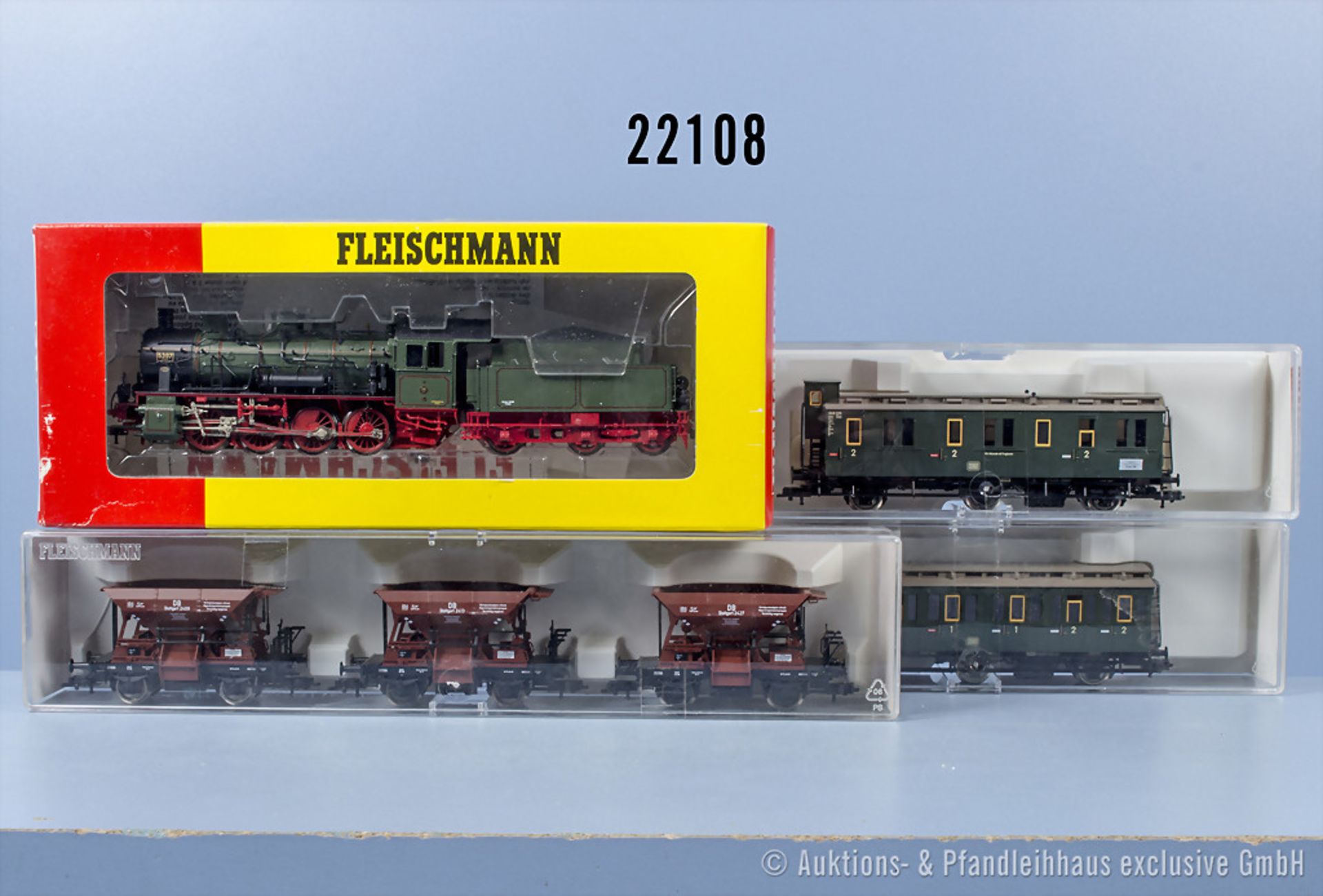 Fleischmann H0, dabei 4821 Schlepptenderlok der KPEV, BN 5307, 2 Abteil-Personenwagen ...