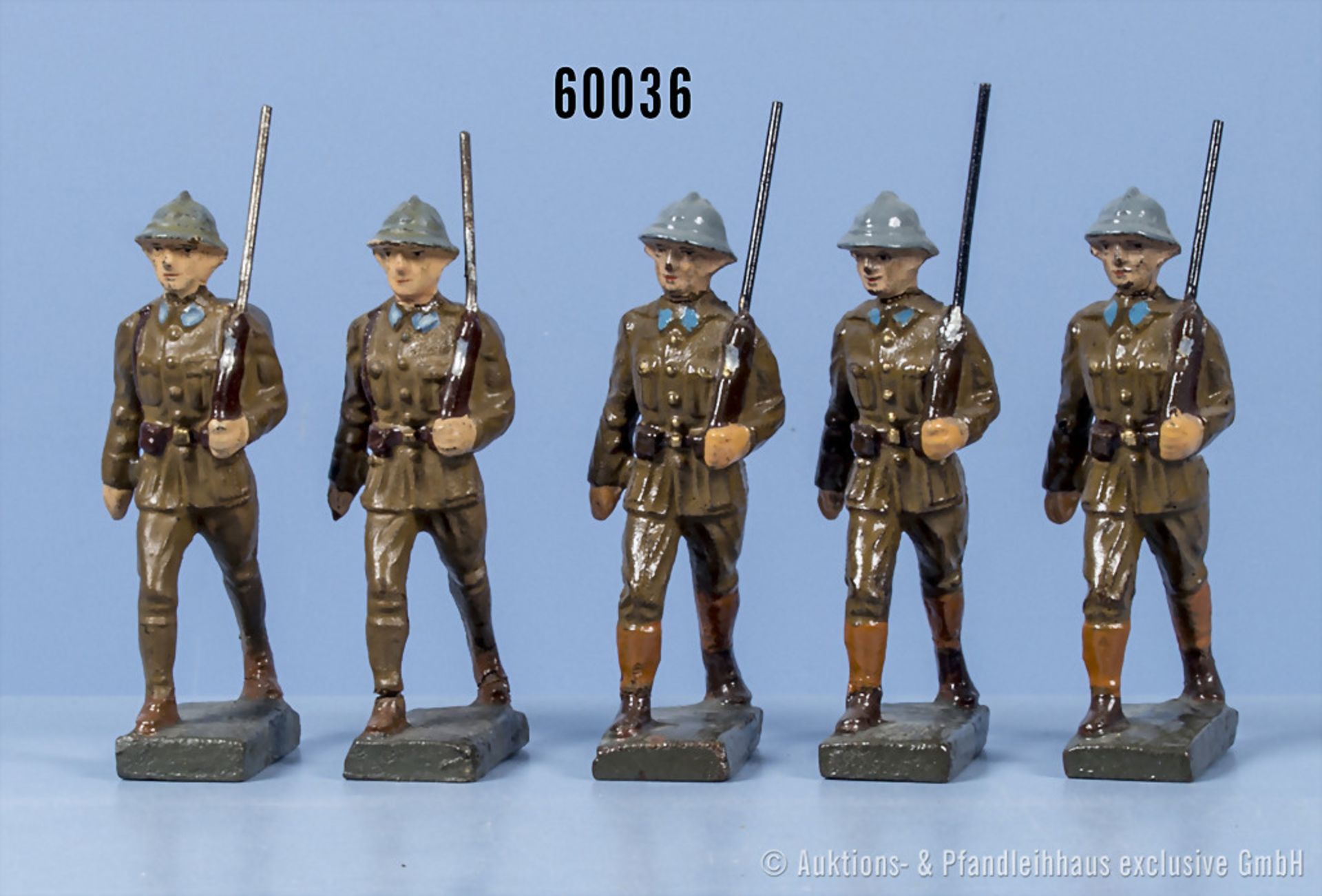 5 Lineol Soldaten im Marsch, überwiegend Polen, h.M., 7 cm, Z 1-2, ...