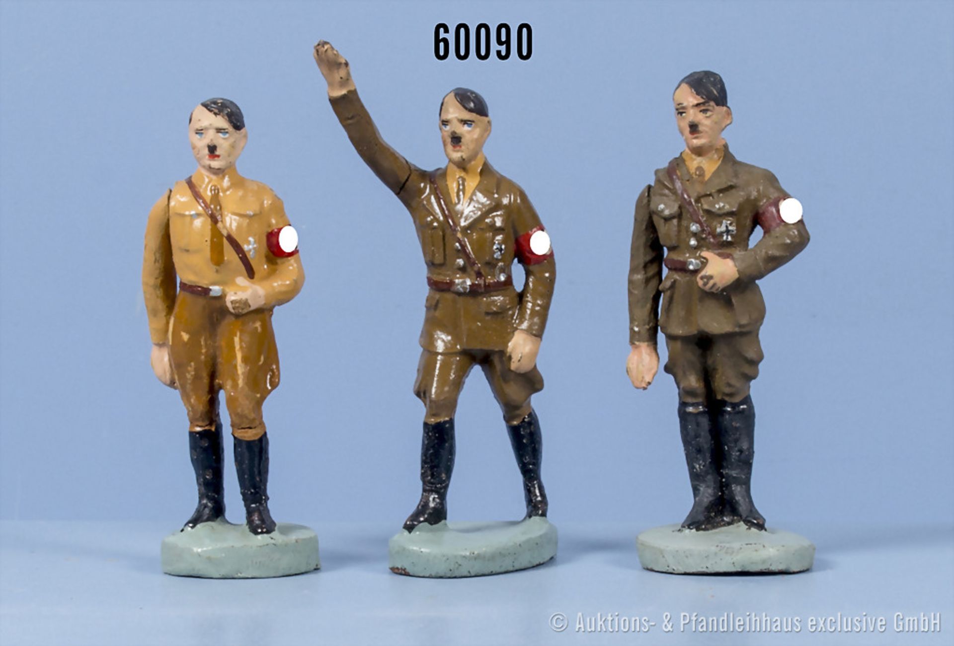 3 x Elastolin A. Hitler Varianten, 2 x mit beweglichem Grußarm, h. M., 7 cm, Z 1-3, VK, ...
