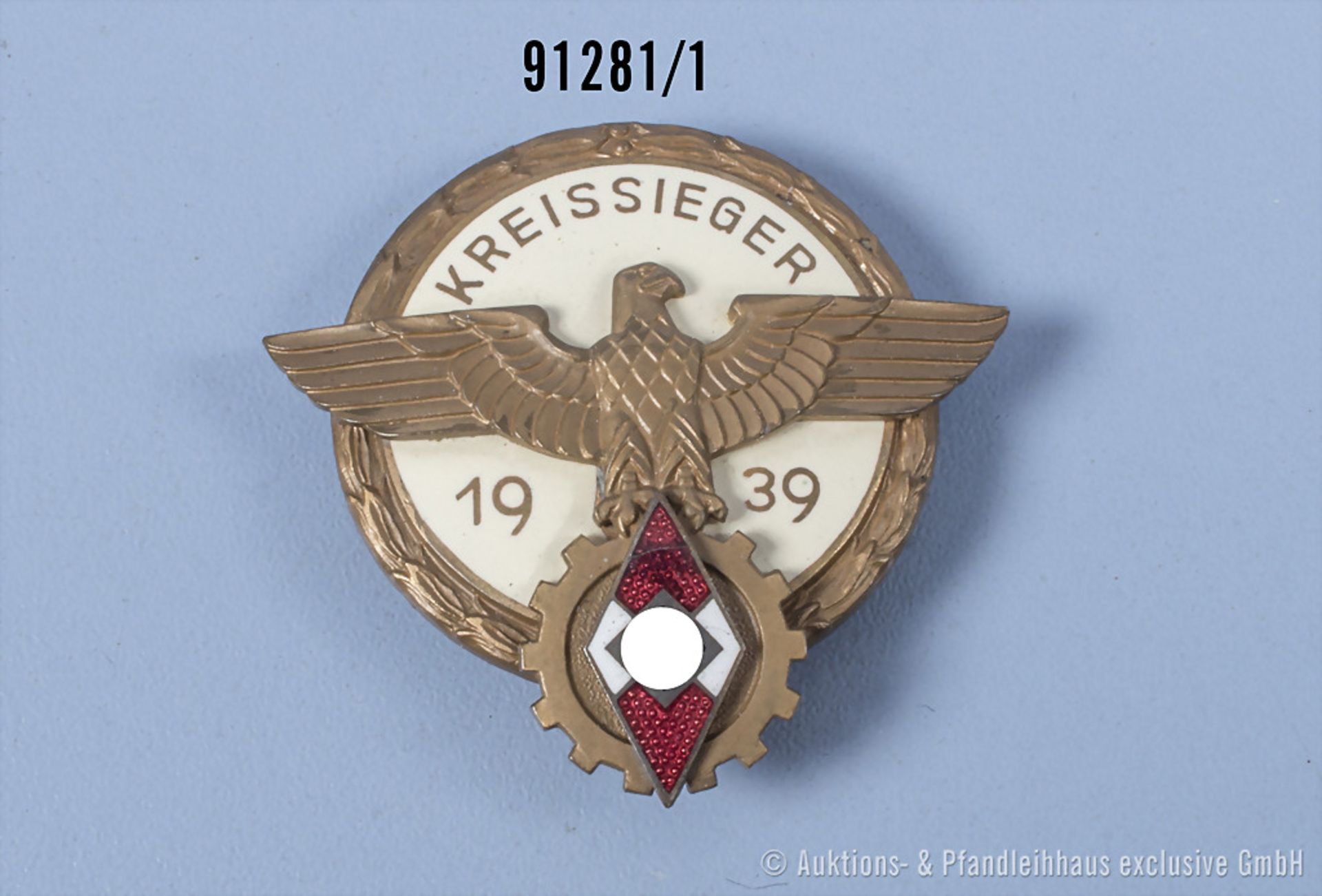 Abzeichen für Kreissieger 1939, Hersteller "A. G. Tham Gablonz a. N.", Emaillechip in ...