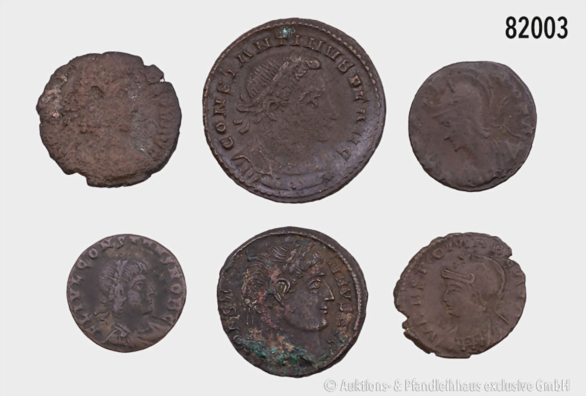 Konv. 6 spätrömische Bronzemünzen, u. a. Constantin I. und Urbs Roma, gemischter ...