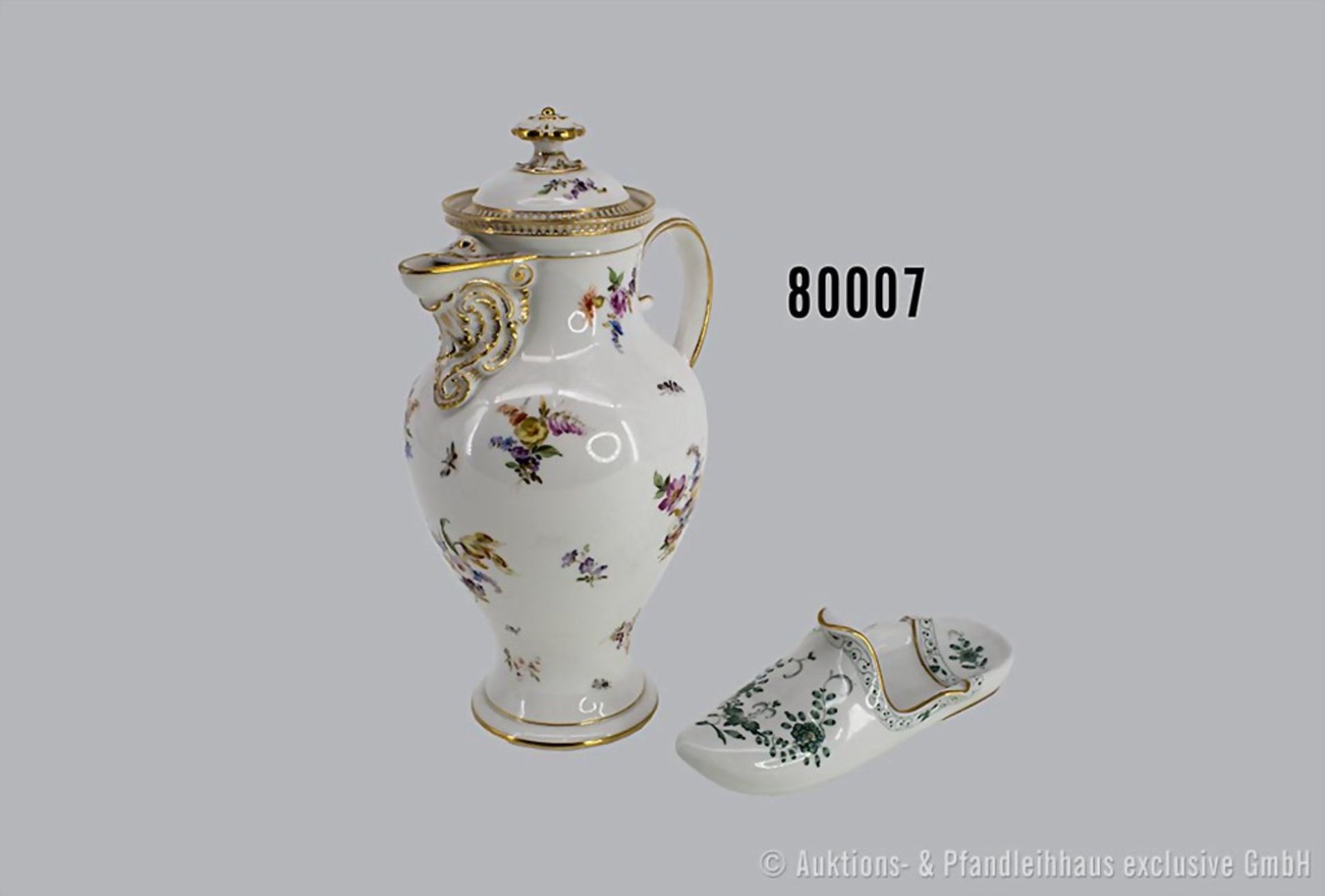 Konv. Meissen Porzellan, Kaffeekanne mit Deckel, Blumendekor, im Deckel auf der ...