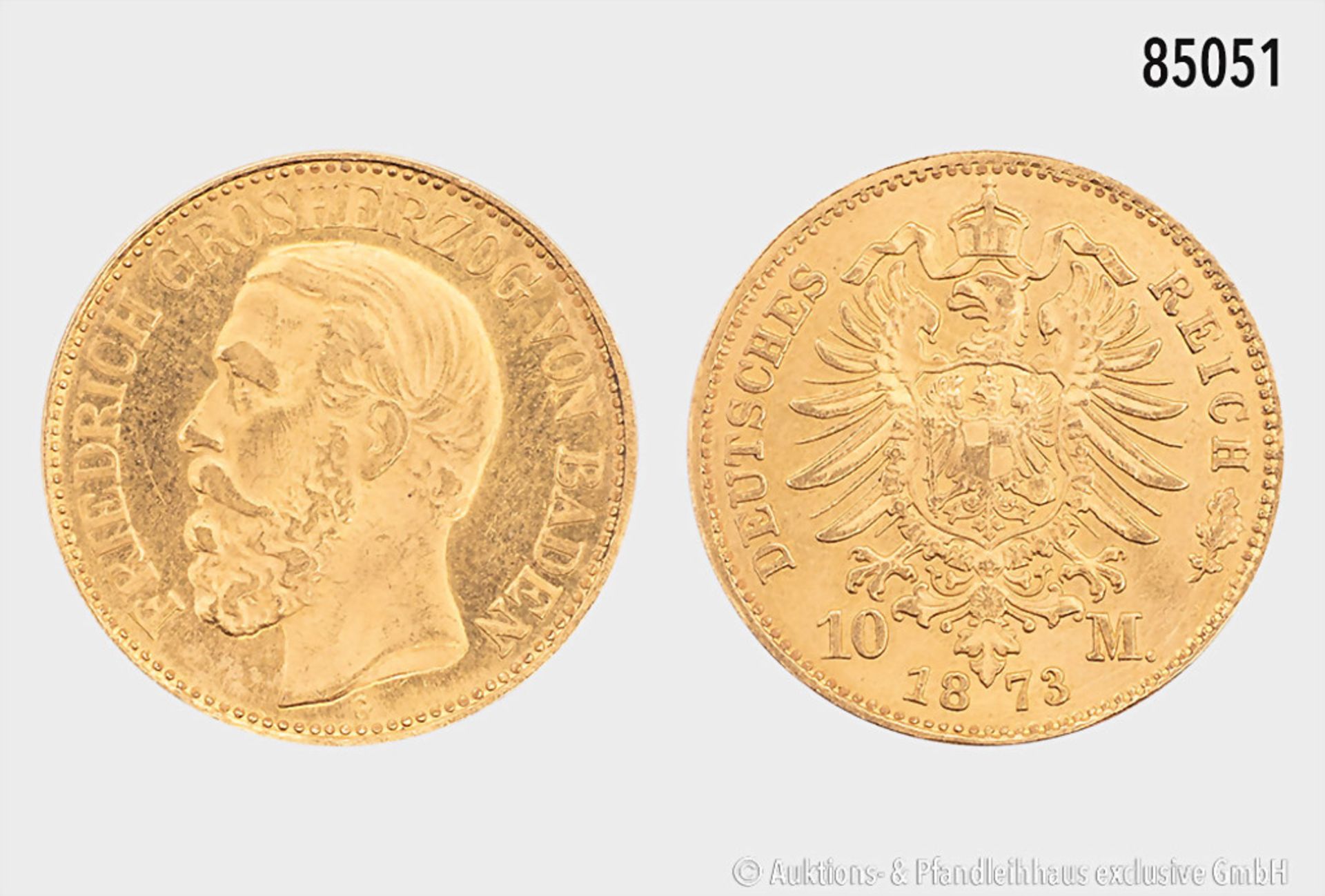 Baden, 10 Mark 1873 G, 900er Gold, 3,99 g, 19,5 mm, J. 183, berieben, sehr ...