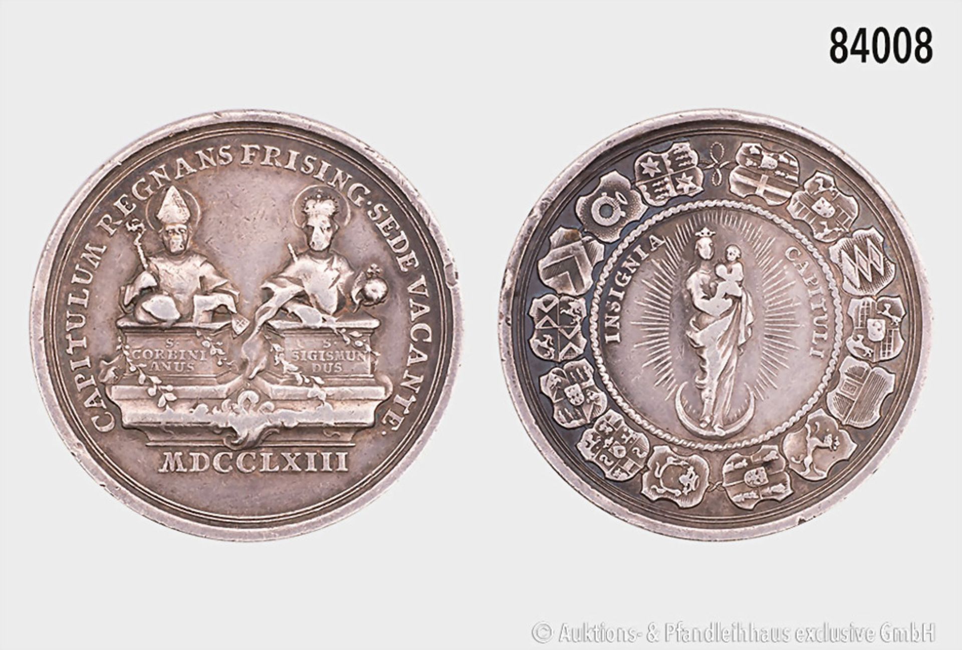Freising, Bistum, Silbermedaille 1763, Sedisvakanz, unsigniert, Vs. 2 Postamente, links ...