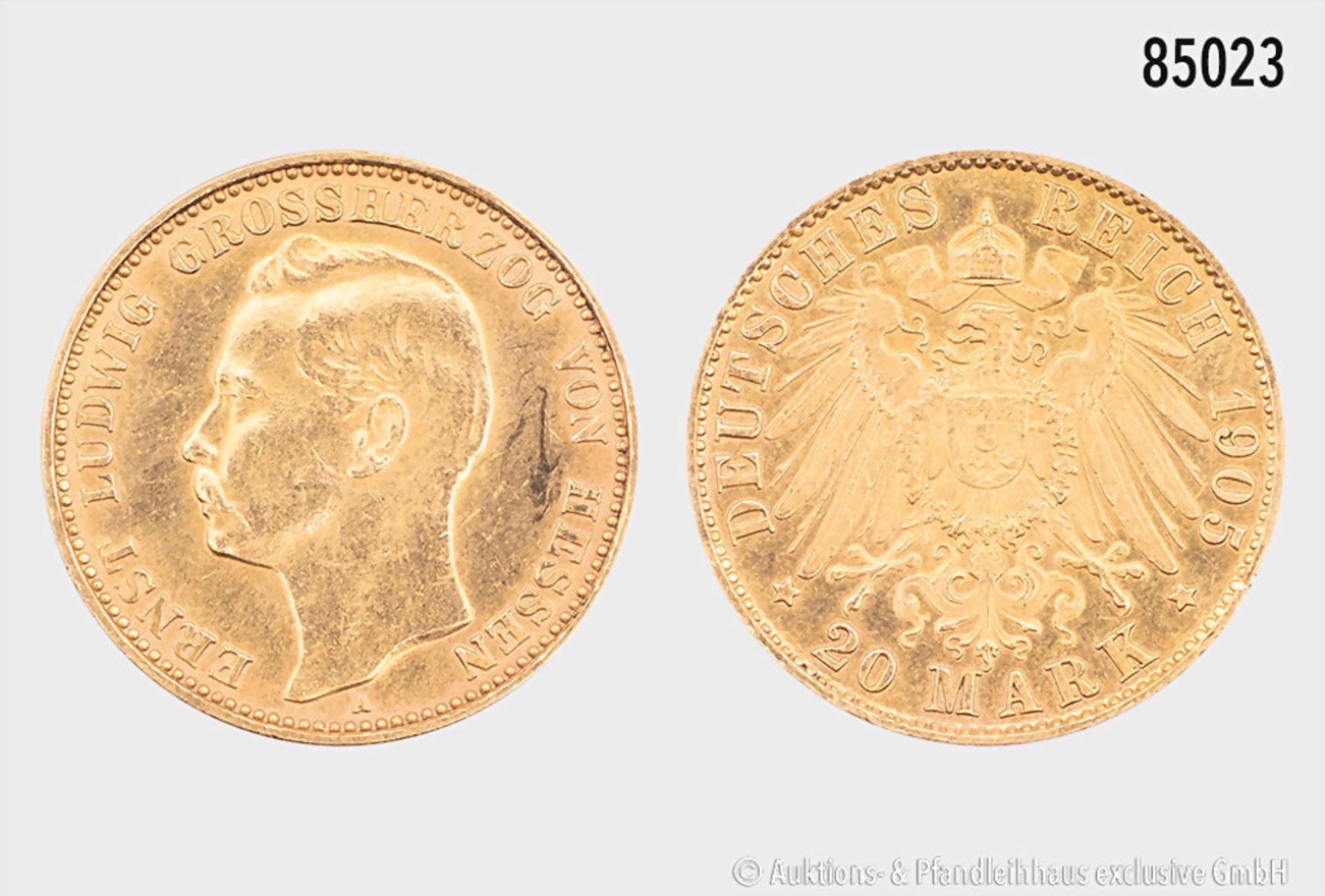 Hessen, 20 Mark 1905 A, 900er Gold, 7,96 g, 22,5 mm, J. 226, selten, Auflage 45.000 ...