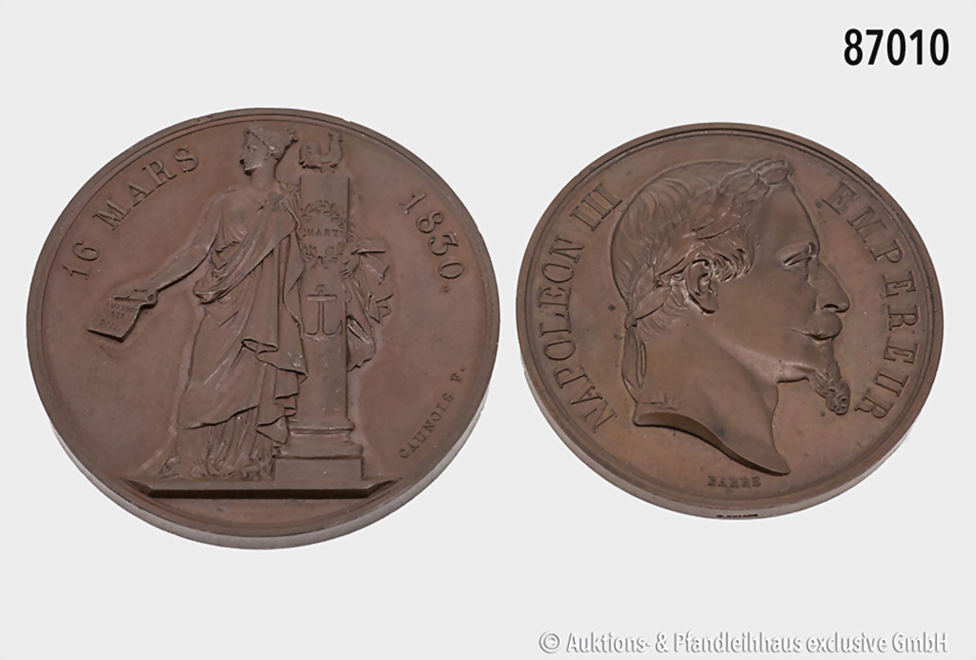 Frankreich, Konv. 2 Bronzemedaillen, 1 x mit Porträt Napoleons III. und in ...
