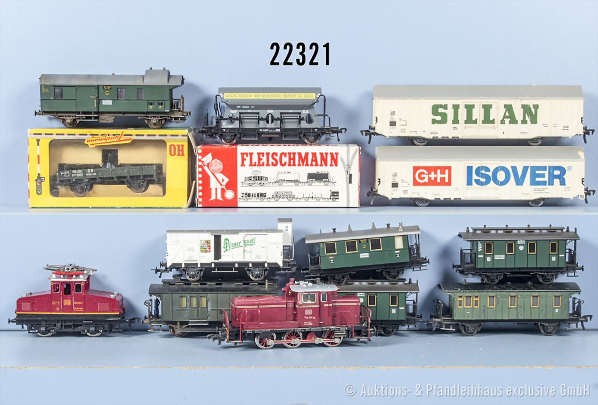 Fleischmann H0 Zug, dabei E-Lok der DB, BN 169 003-1, Diesellok der DB, BN V60 1199, 4 ...