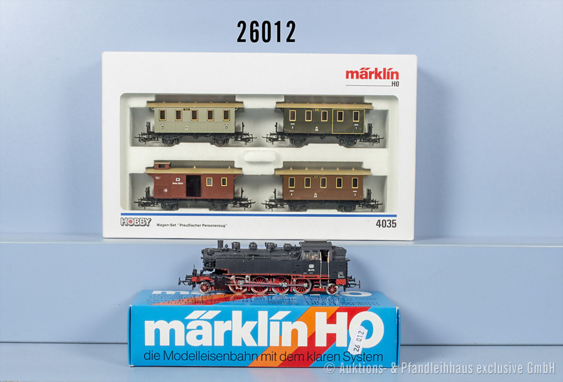 Märkin H0 Personenzug, dabei 3096 Tenderlok der DB, BN 86 173 und 4035 Preußisches ...