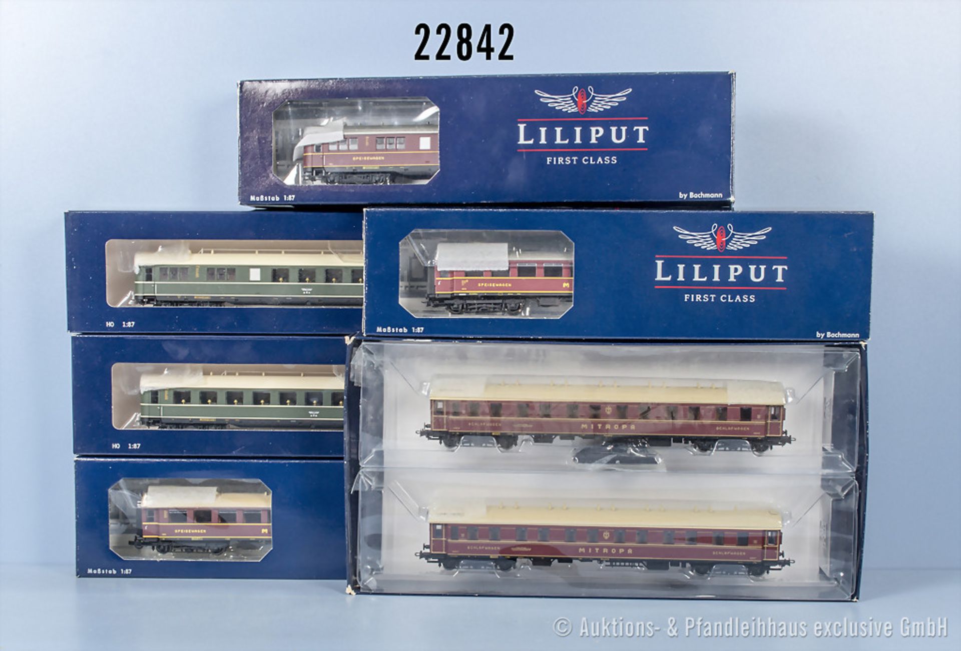 7 Liliput H0 D-Zug Wagen, dabei 5 Speisewagen und 2 Schlafwagen, Z 0-1, 5 x in OVP, ...