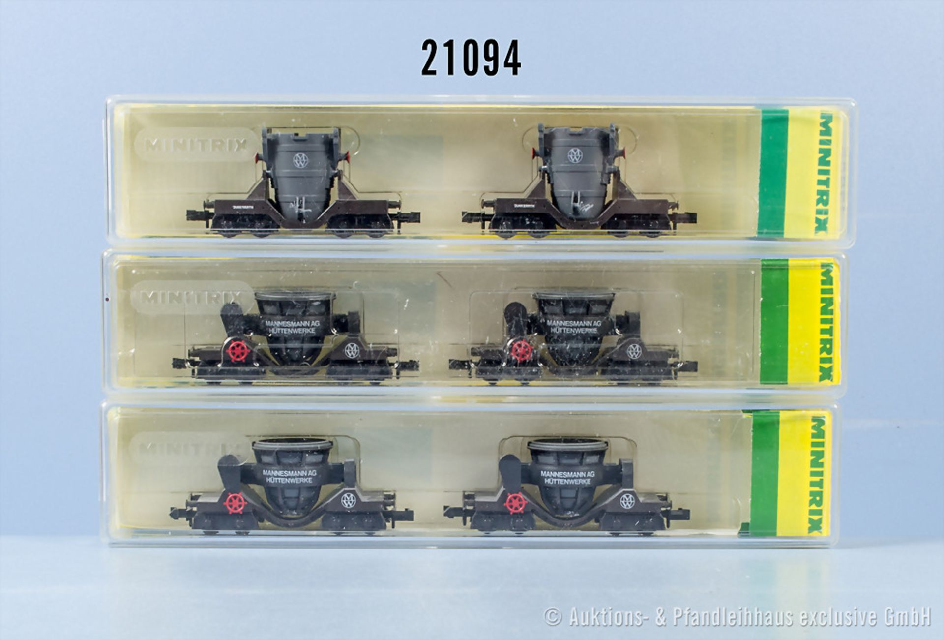 3 Minitrix Spur N Wagensets mit insgesamt 2 Roheisenwagen und 4 Schlackewagen, Z 0-1, in ...