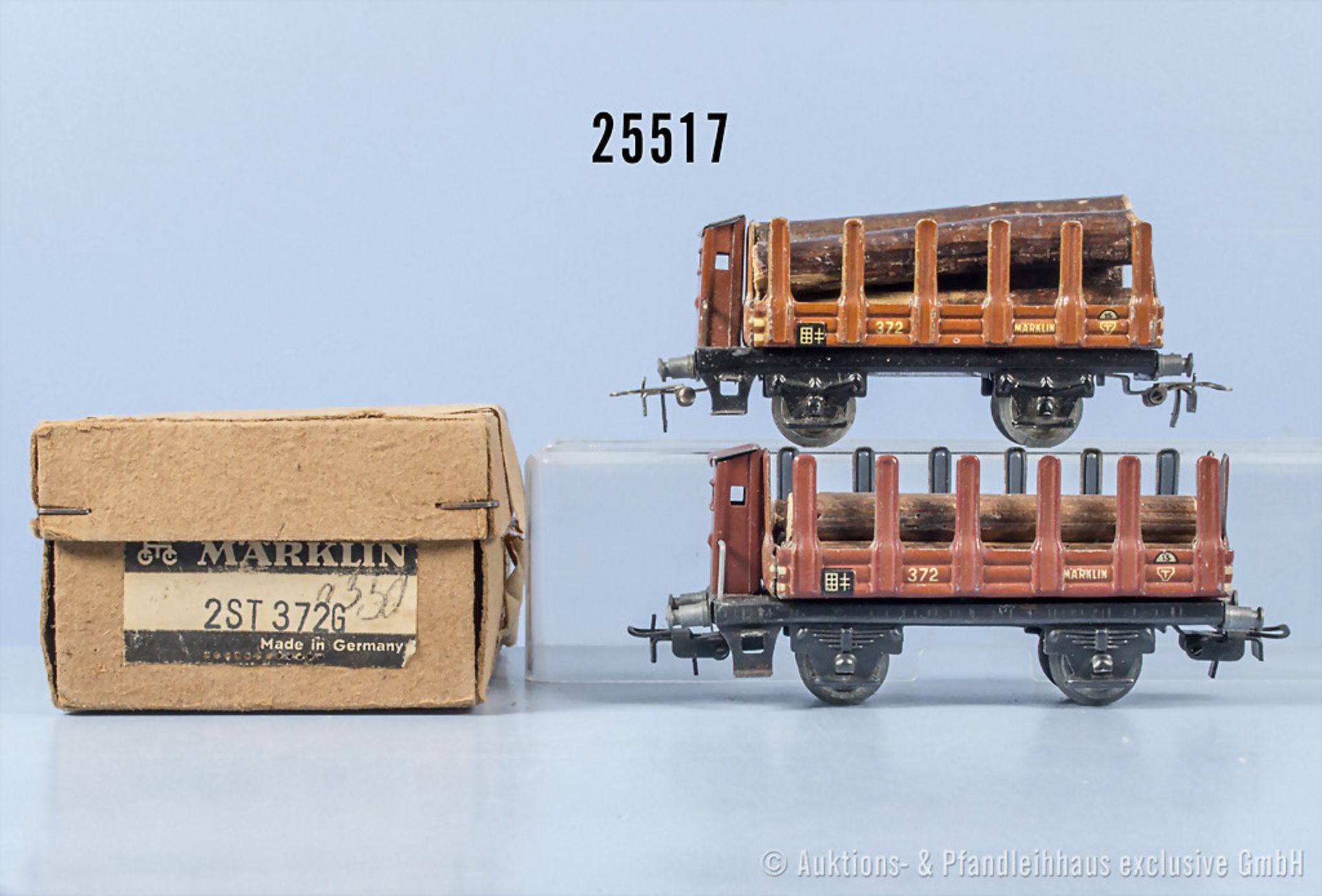 Märklin H0 2 St 372 G Rungenwagen mit Bremserhaus und Holzladung, Z 2, in OVP, Wagen ...