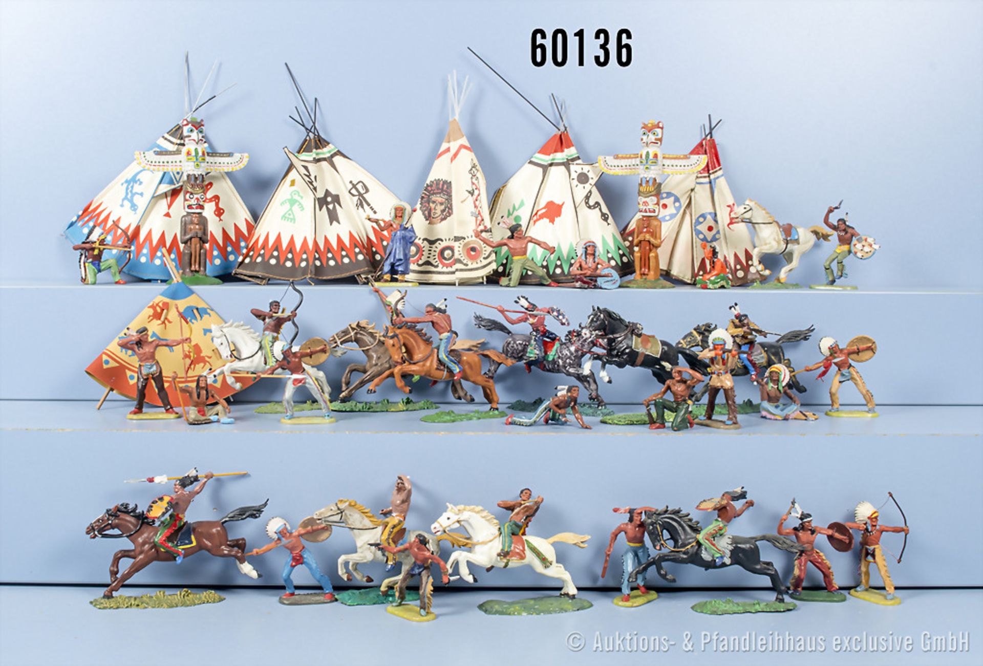 Konv. 55 Elastolin/Preiser Figuren Wildwest Indianer, 6 Zelte und 2 Totempfahle, ...