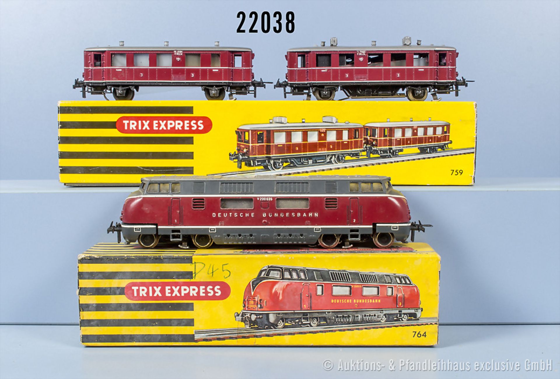 Trix express H0, dabei 759 Dieseltriebwagen der DB mit Beiwagen, BN VT75 904 und 764 ...