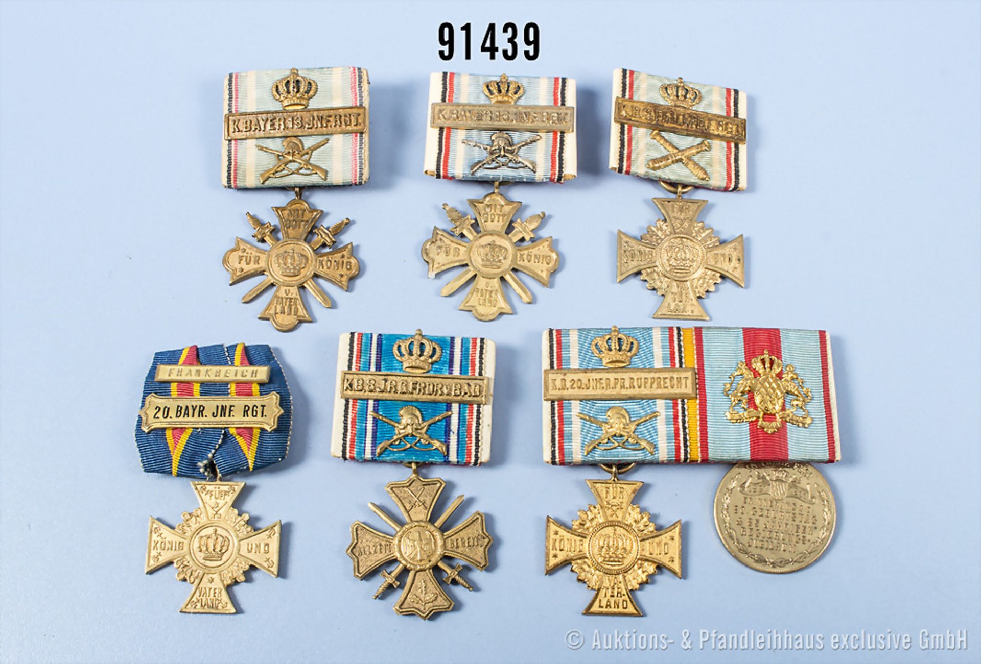Konv. Bayern 6 Regimentserinnerungskreuze an Einzelspangen, 2 x 13. IR, 2 x 20. IR, 8. ...