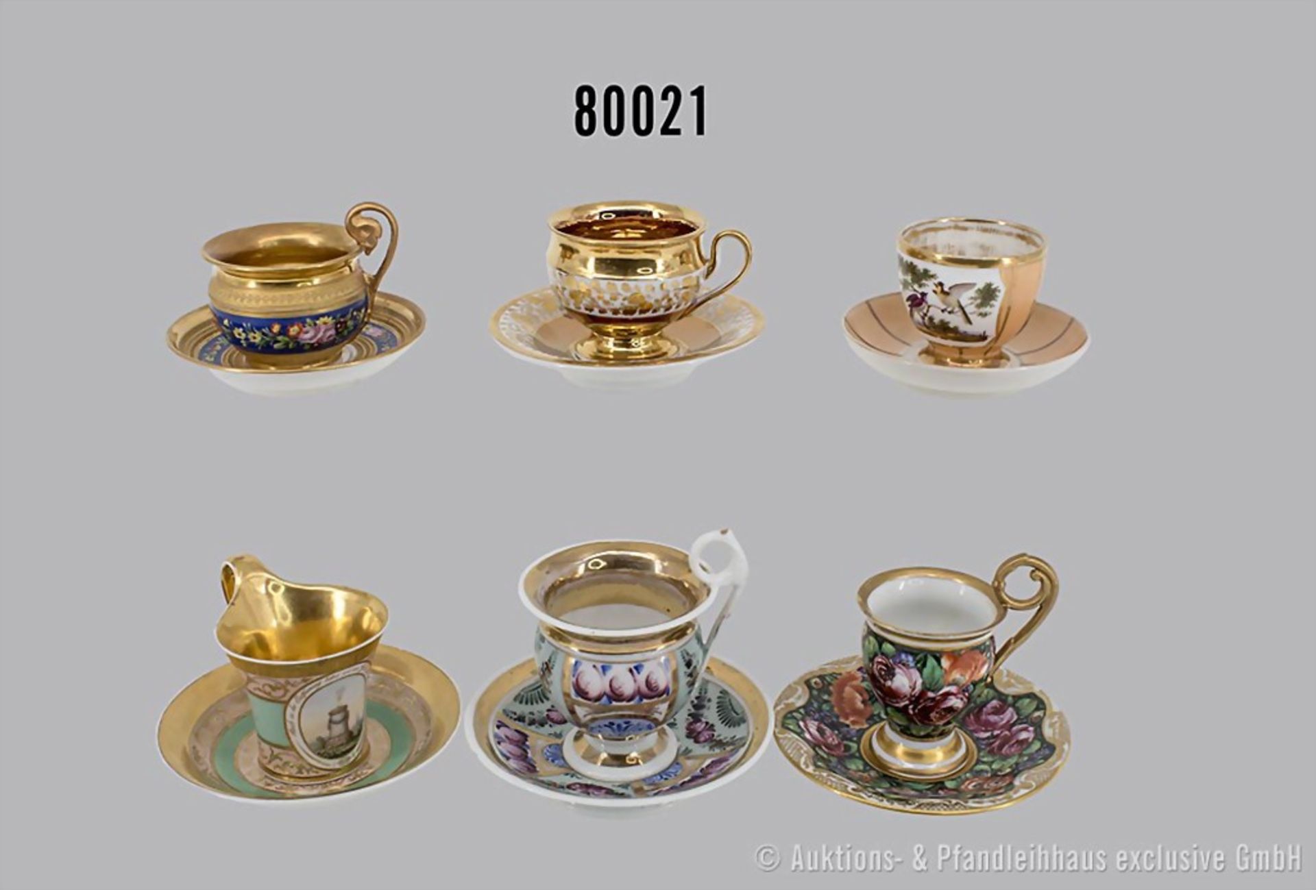 6 Biedermeier Andenken- und Ansichtentassen, Porzellan, polychrome Bemalung und ...