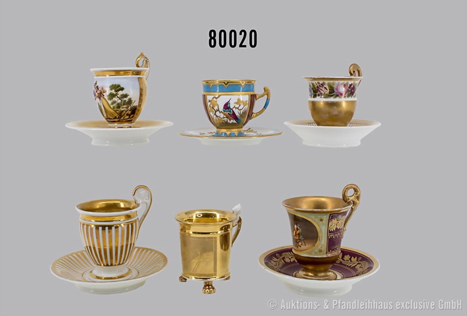 5 Biedermeier Andenken- und Ansichtentassen, Porzellan, polychrome Bemalung und ...