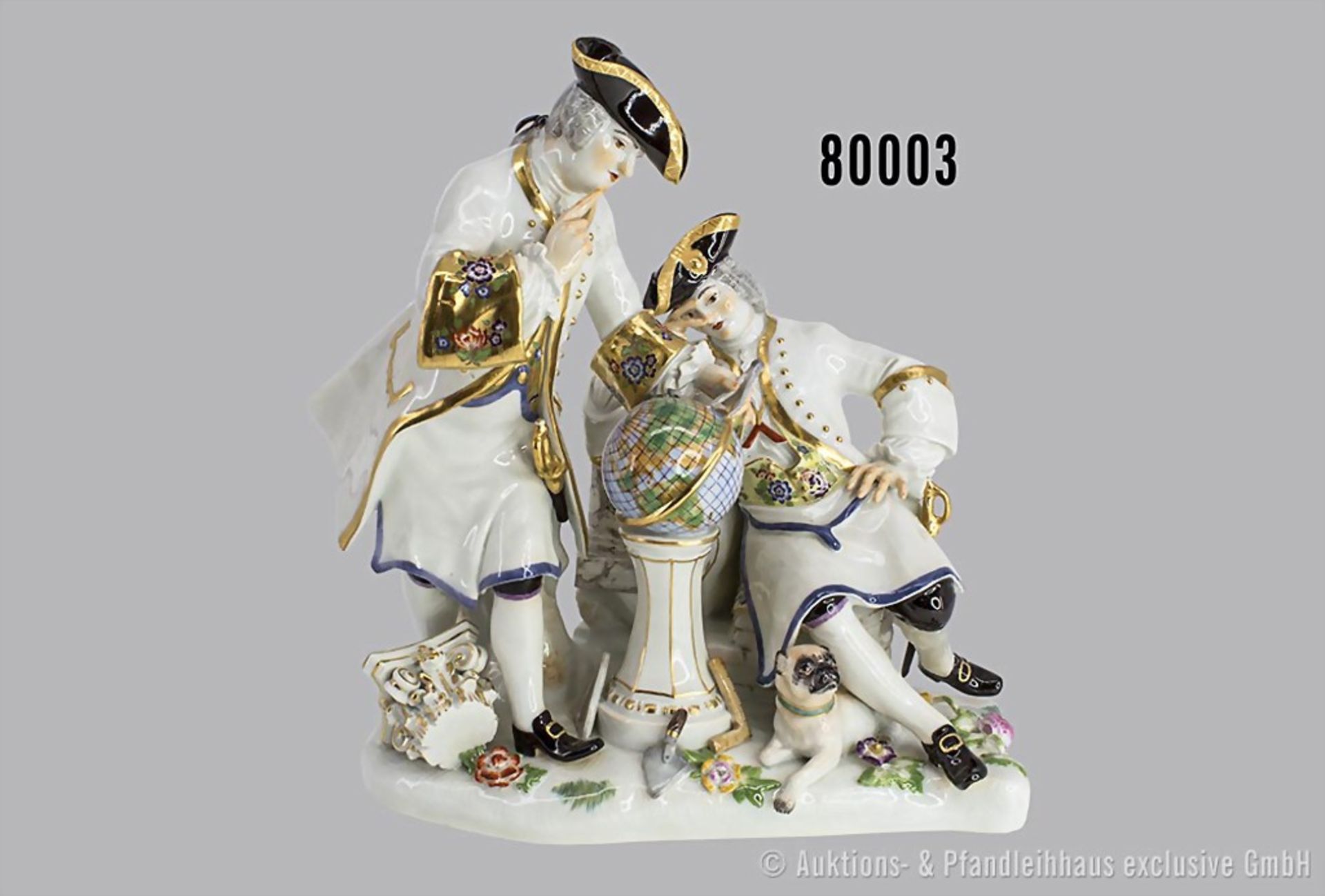 Meissen Freimaurer-Gruppe, Porzellan, polychrome Bemalung, Goldstaffage, stehender Herr ...